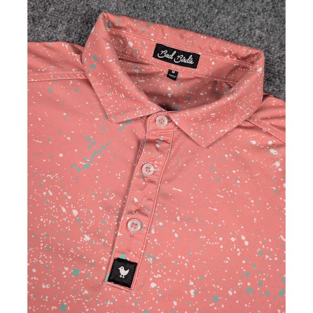 Bad Birdie Polo Shirt Mens Medium Pink Splatter All Over Print Performance